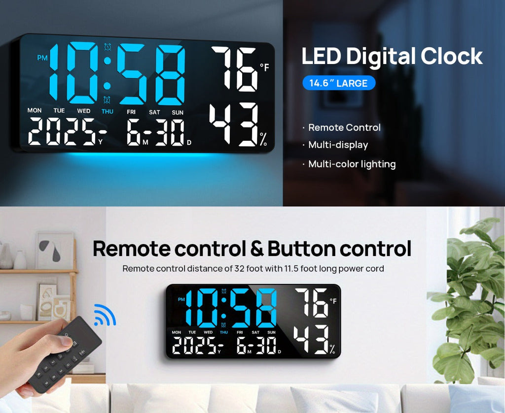 Large Digital Wall Clock with Remote Control ¨C 14.6¡± LED Display Dual Alarm Clock with Night Light, Temperature, Humidity, Date & Week ¨C RGB Color-Changing Bedroom & Living Room Clock Gift for Elderly