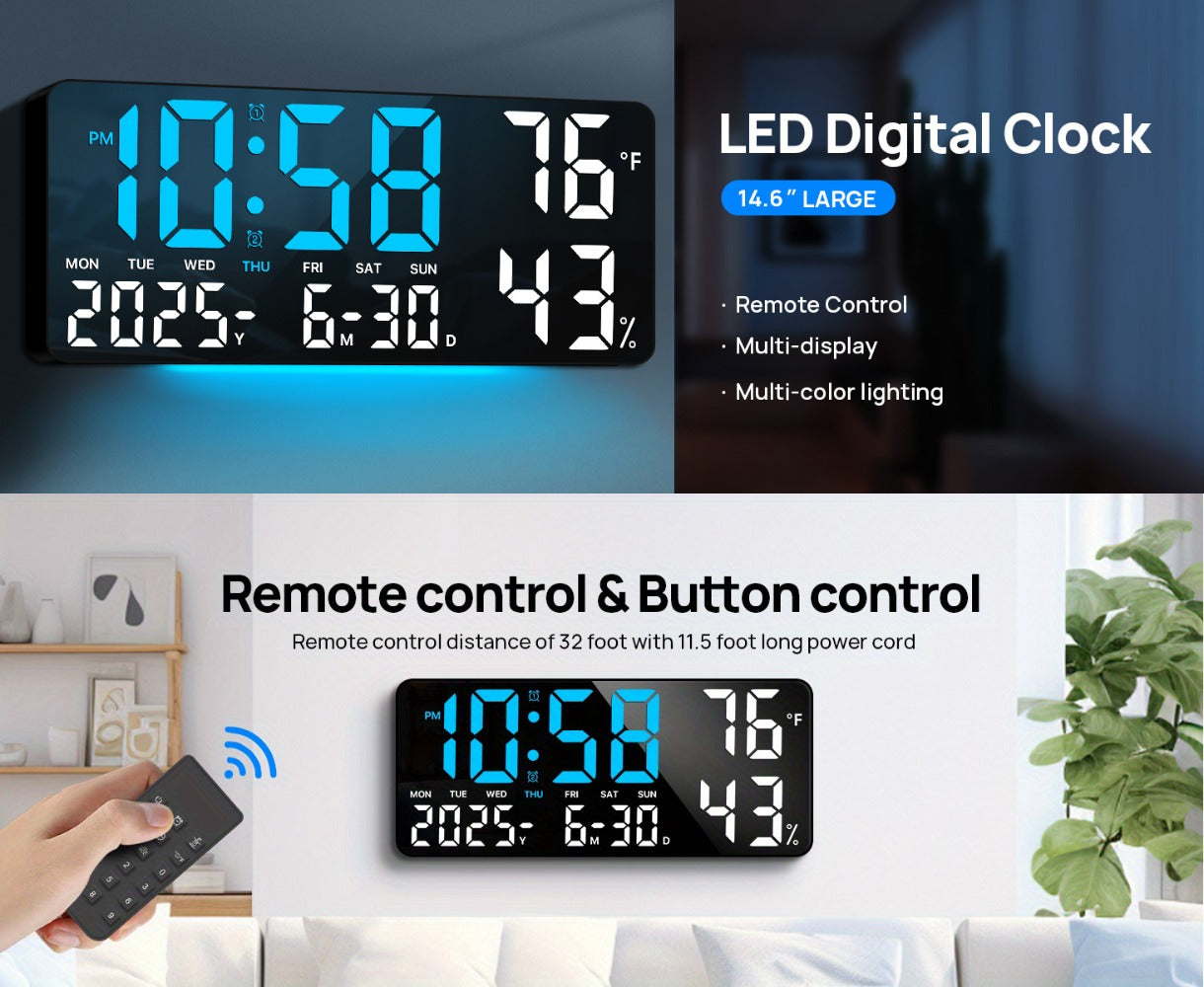 Large Digital Wall Clock with Remote Control ¨C 14.6¡± LED Display Dual Alarm Clock with Night Light, Temperature, Humidity, Date & Week ¨C RGB Color-Changing Bedroom & Living Room Clock Gift for Elderly