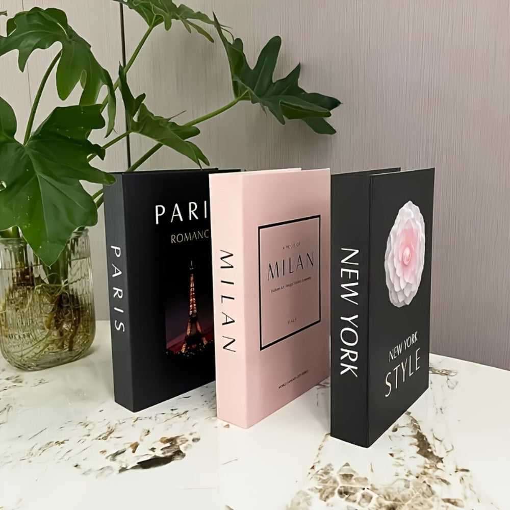 Decorative Fake Books Set of 3 Walnut Wood Style Coffee Table Decor London New York Theme Faux Books for Home Office Shelf Entryway Christmas Gift