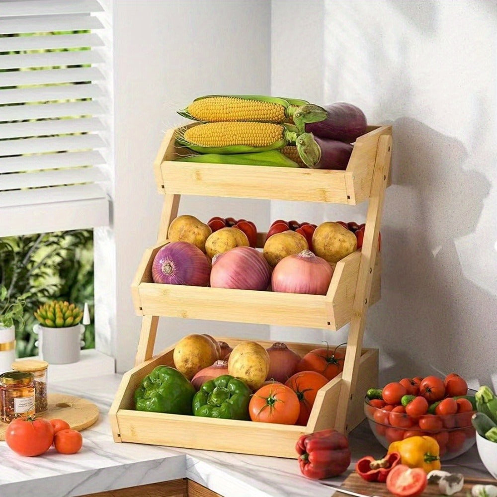 Bamboo Fruit Storage Rack 2-3 Tier with Hooks, Kitchen Counter Organizer for Fruits Vegetables Bread Spices, Freestanding Shelf Basket Display Stand