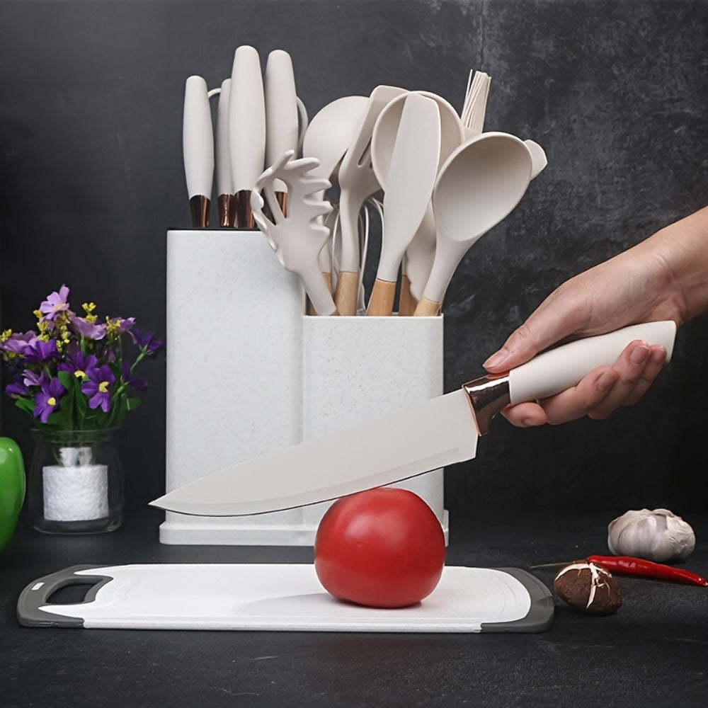 19-Piece Non-Stick Silicone Cookware Set with Bamboo Storage, Knives & Wooden Handle ¨C Pots, Pans & Utensils for Induction & Oven