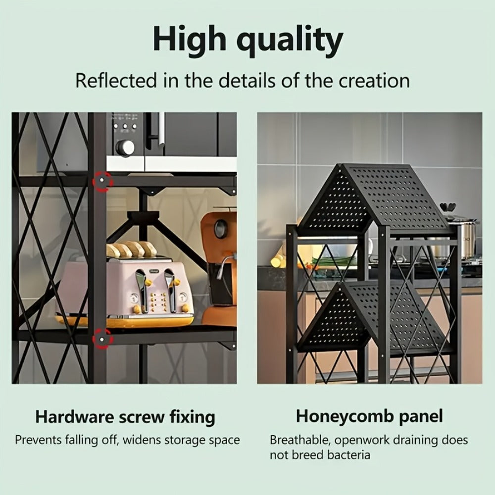 Storage Rack 3-5 Tier Foldable Shelving Unit with Wheels - Portable Multi-Layer Floor Standing Utility Shelf Organizer for Bedroom Closet Kitchen Office Black White