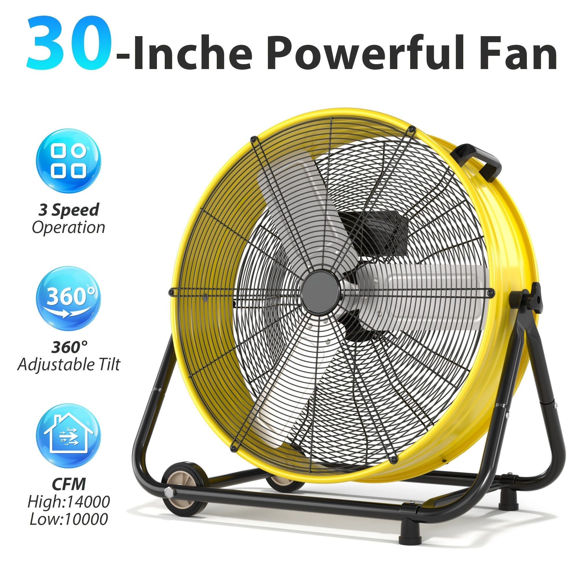 Industrial Drum Fan 24 & 30 Inch | High Velocity Floor Fan 9460-14000 CFM, 3-Speed Air Circulator with 180¡ã Tilt for Warehouse, Garage, Workshop, Job Site & Large Space Cooling ¨C Multiple Colors