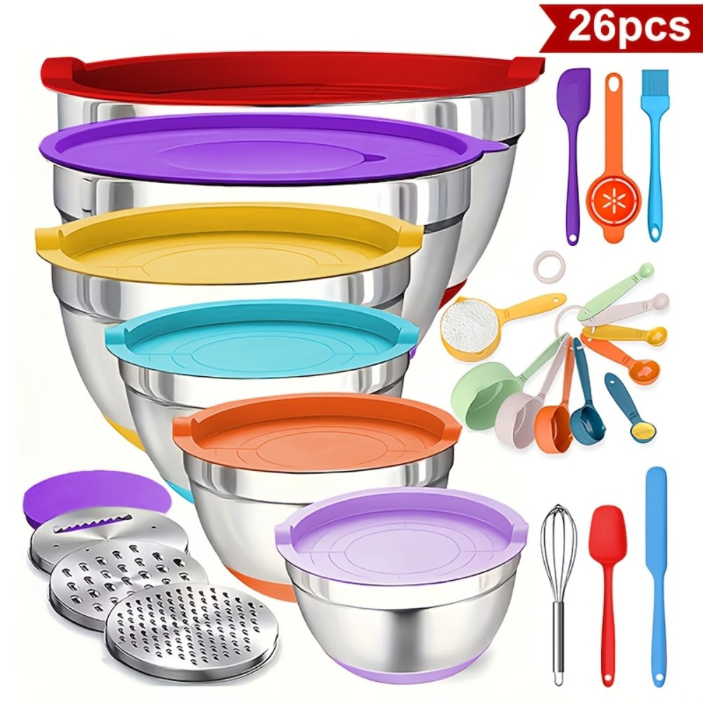 Stainless Steel Mixing Bowls with Airtight Lids 26pcs Set, 3 Grater Attachments, Non-Slip Bottoms, 7Qt 4Qt 2.5Qt 2Qt 1.5Qt 1Qt, Nesting Bowls for Mixing Serving Salad Baking