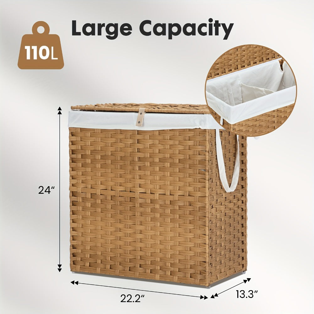 Laundry Basket with Lid - Large Foldable Rattan Hamper with Removable Washable Liner, Sturdy Steel Frame, for Bathroom Bedroom, Goose Yellow or Dove Gray