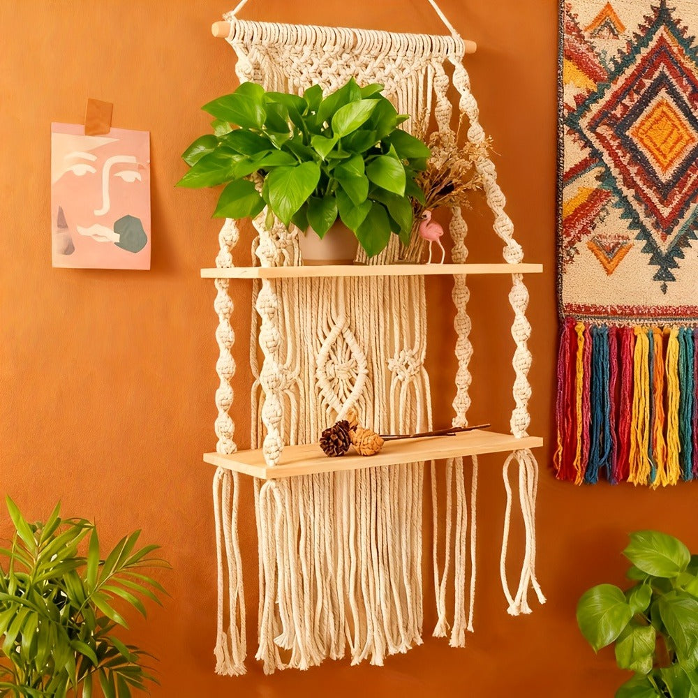 Macrame Wall Hanging with Tassel, Boho Woven Wall Decor for Living Room Bedroom Balcony, Two-Layer Lace Plant Hanger for Photo Frames & Small Plants ¨C Bohemian Home Decor Wall Art