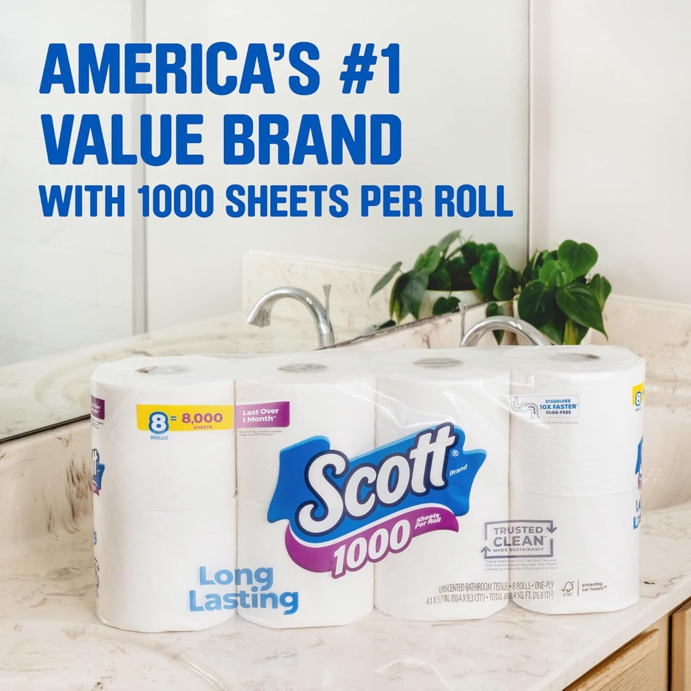 Toilet Paper 1000 Sheets Per Roll 18 Rolls - 1-Ply Bath Tissue Bulk Pack with Clog-Free Technology Long Lasting Rolls Dissolves Fast - Septic Safe Bathroom Tissue for Home Office RV