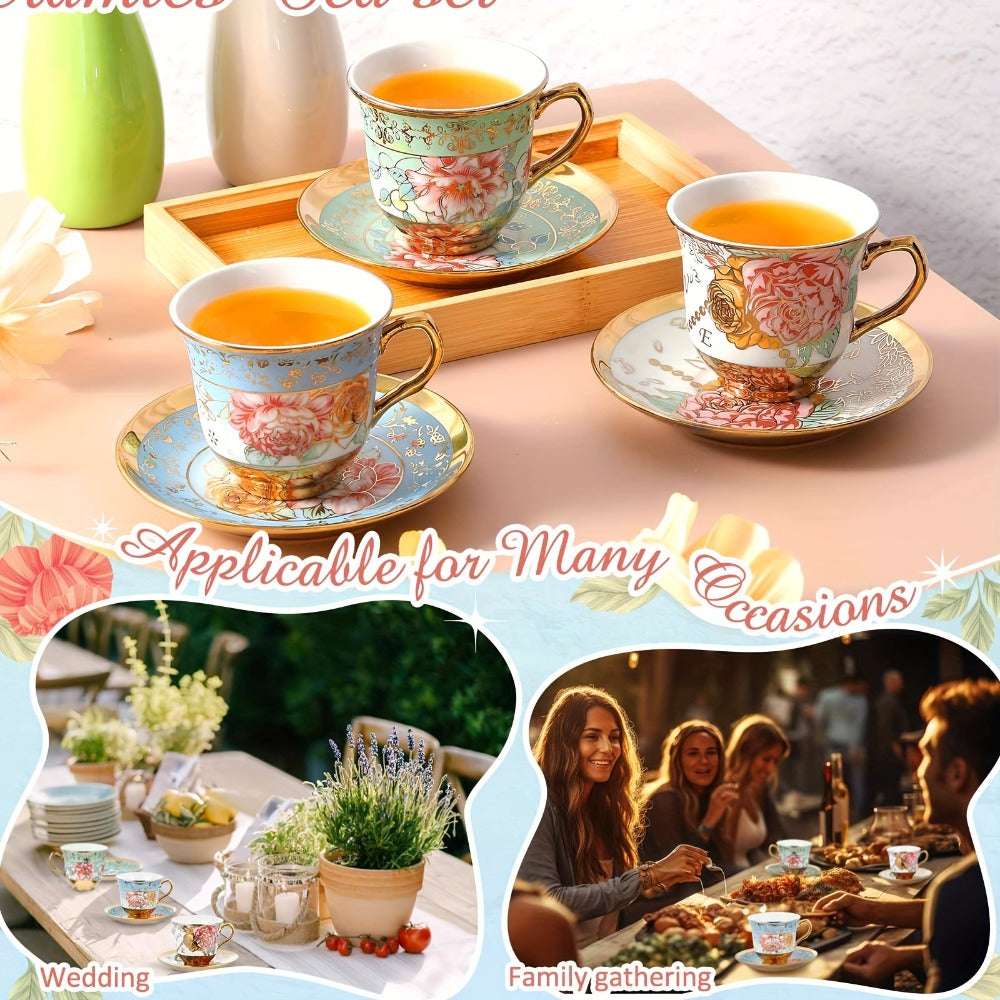 Floral Porcelain Tea Cups and Saucers Set of 12 ¨C 5.4 Oz British Style Tea Party Cups ¨C Classic Elegant Gift for Women ¨C Perfect for Birthday, Mother's Day, Church & Tea Parties