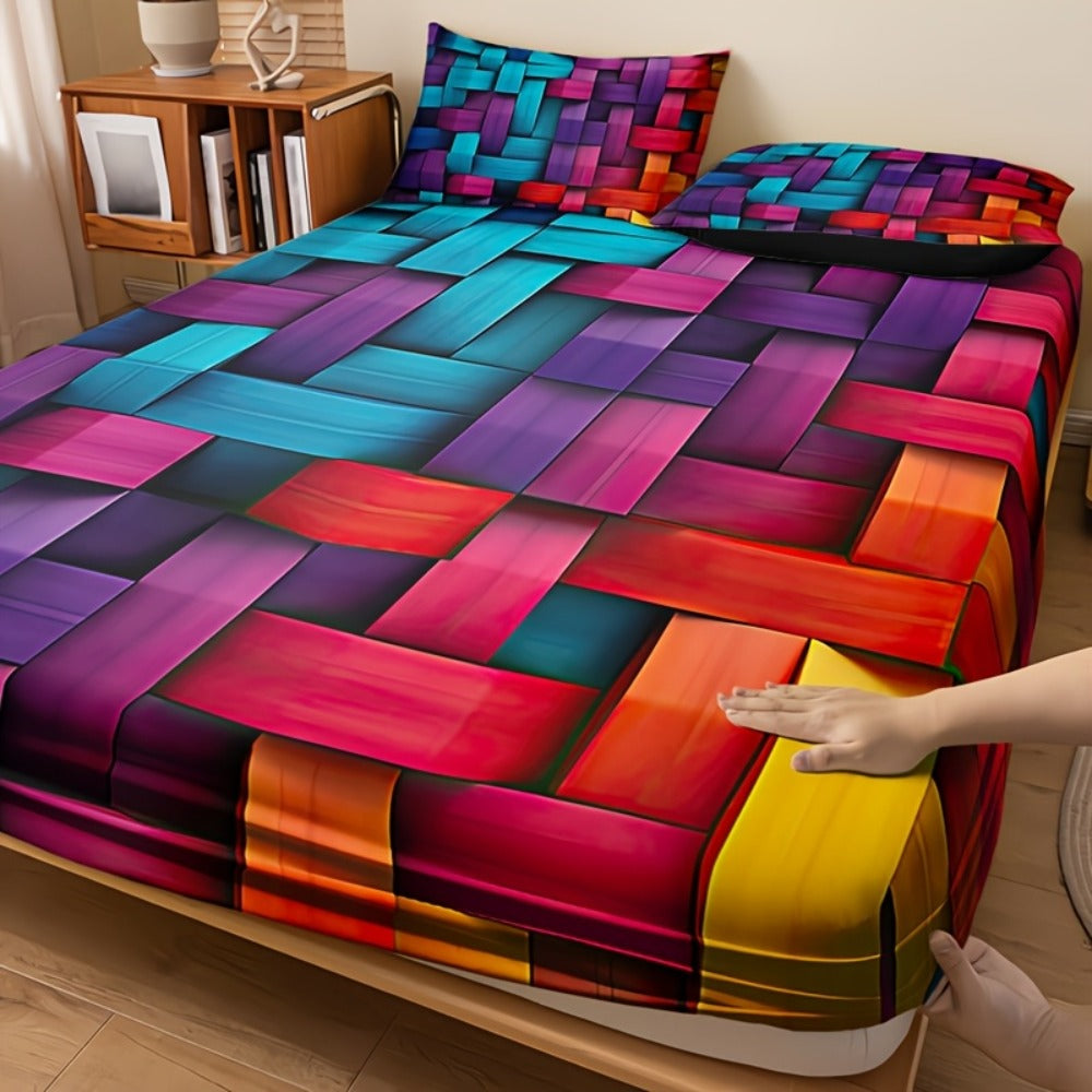 Fitted Sheet Set 3 Piece Digital Print Plaid - Deep Pocket 15 Inch Bed Sheet with 2 Pillowcases, 85% Polyester Soft Breathable Bedding Set for Twin Full Queen King, All Season Mattress Cover