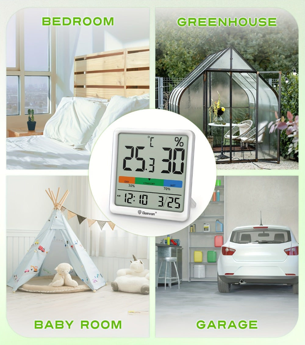 Indoor Thermometer Hygrometer Digital | Accurate Temperature Humidity Monitor with Clock & Calendar | Desktop Room Humidity Gauge for Home Office Bedroom Baby Room