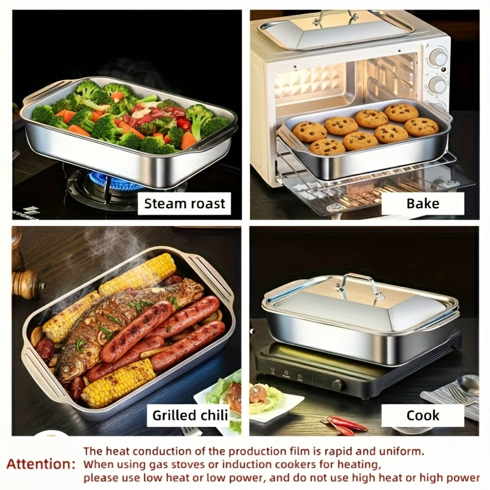Stainless Steel Baking Pan Set 4-Piece ¨C 2 Deep Roasting Pans & 2 Lidded Pans with Handles, 6-Liter Large Capacity 16.14¡± Rectangular Baking Pans for Lasagna, Fish, Chicken & Roasting ¨C Dishwasher Safe