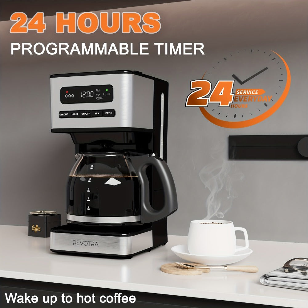12-Cup Programmable Drip Coffee Maker, Regular & Strong Brew, Iced Coffee Setting, 1-4 Cup Mode, 24H Timer, Auto Shut-Off, Keep Warm, Pause & Serve, Black