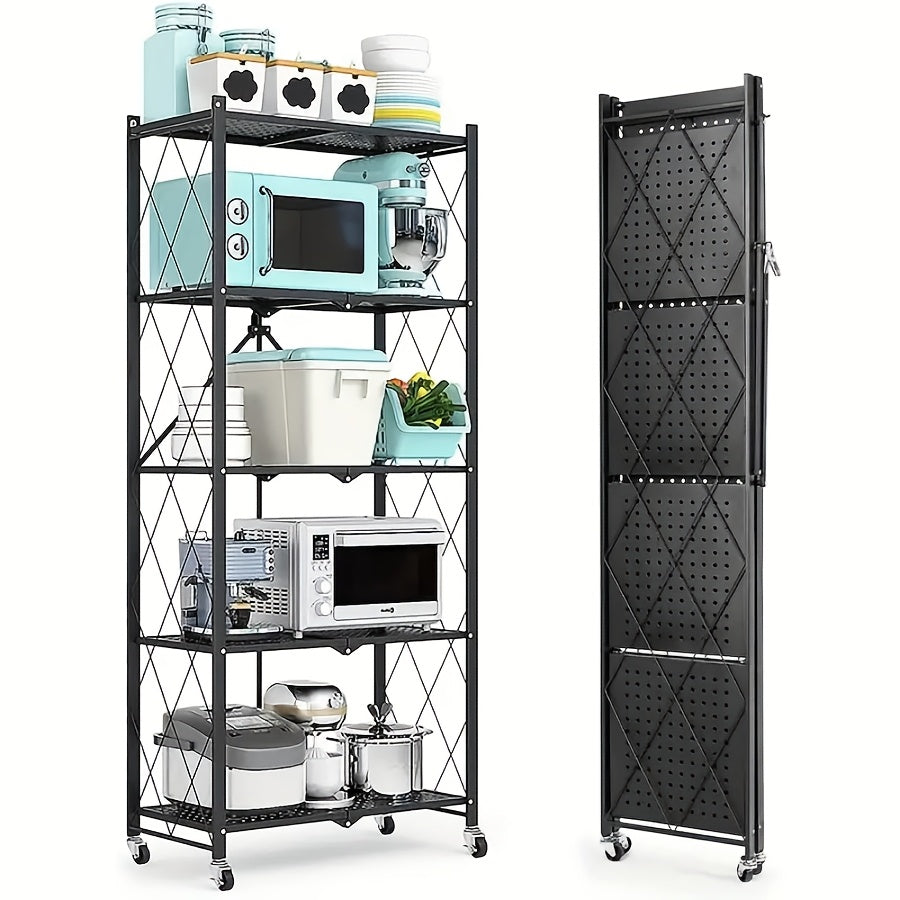Storage Rack 3-5 Tier Foldable Shelving Unit with Wheels - Portable Multi-Layer Floor Standing Utility Shelf Organizer for Bedroom Closet Kitchen Office Black White