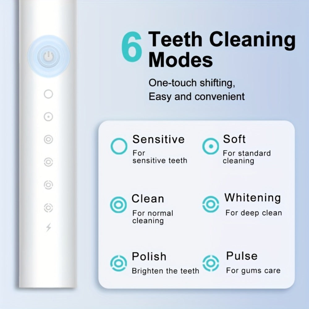 Rechargeable Electric Toothbrush with 6 Cleaning Modes & Smart Timer ¨C USB Sonic Toothbrush for Adults, Replacement Heads Included, 3 Colors, Whitens Teeth & Protects Gums, Great Family Gift