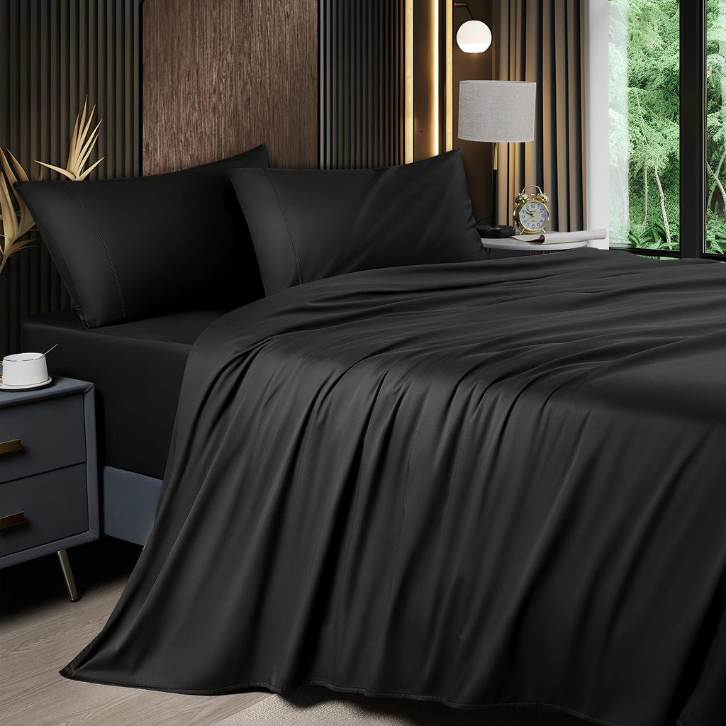 Cooling Sheet Set 4 Piece 2200TC Bamboo Blend - Silky Soft Deep Pocket 16 inch Fitted Sheet, Flat Sheet & Pillowcases, Breathable Luxury Bedding for Hot Sleepers Twin Full Queen King, Summer Chill Collection