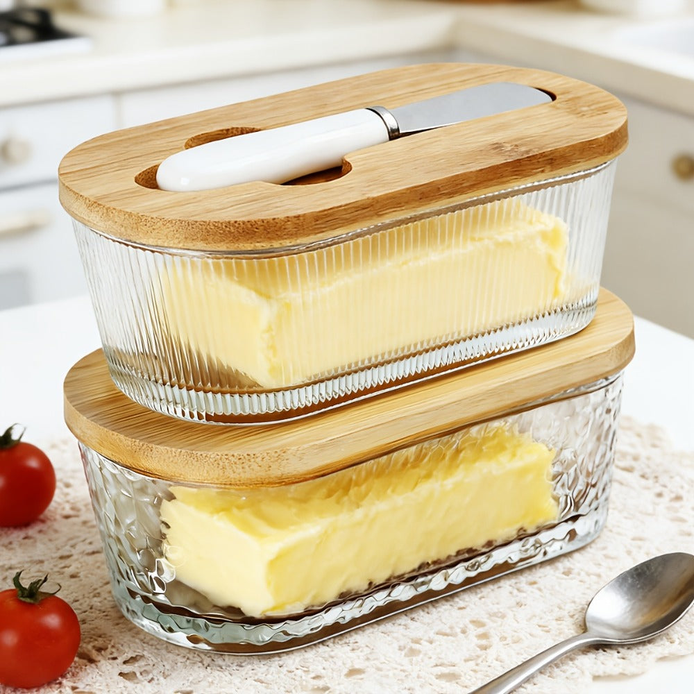 Glass Butter Dish with Airtight Sealed Lid | Butter Keeper for Countertop Refrigerator Fridge Door Storage Hygienic Covered Butter Tray Stripe Pattern Fresh Butter Container