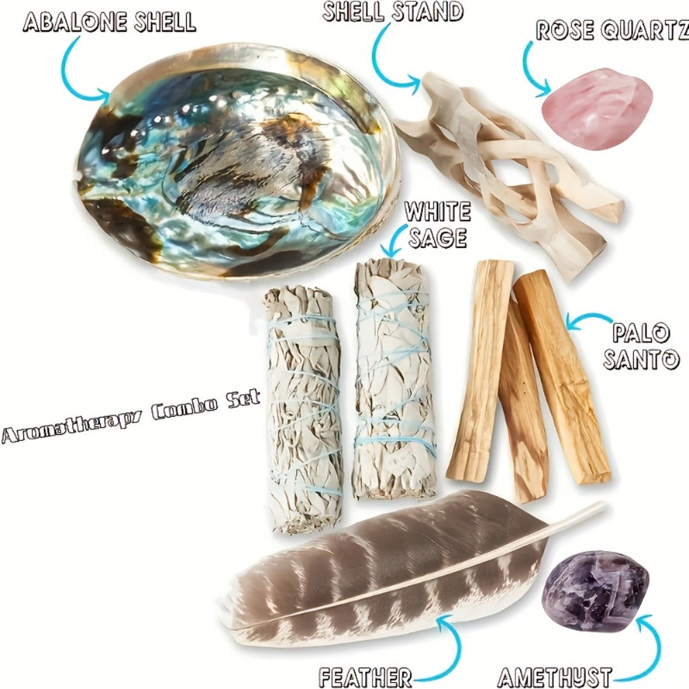 White Sage Smudge Kit 11pcs ¨C 2 White Sage Bundles, 3 Palo Santo Sticks, Abalone Shell with Stand, Crystal Stones ¨C Spiritual Cleansing Gift Set for Home, Meditation & Ritual Decor