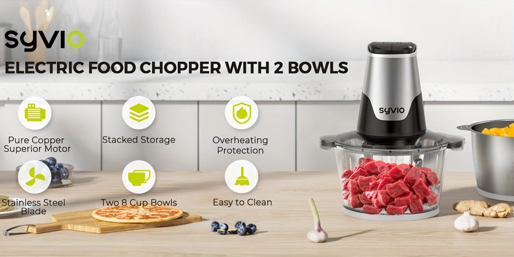 Mini Electric Food Processor 450W with 2 Bowls & 4 Bi-Level Blades, Meat Grinder & Vegetable Chopper for Baby Food, Onion, Meat & Herbs, 2-Speed 8-Cup Food Chopper, Black