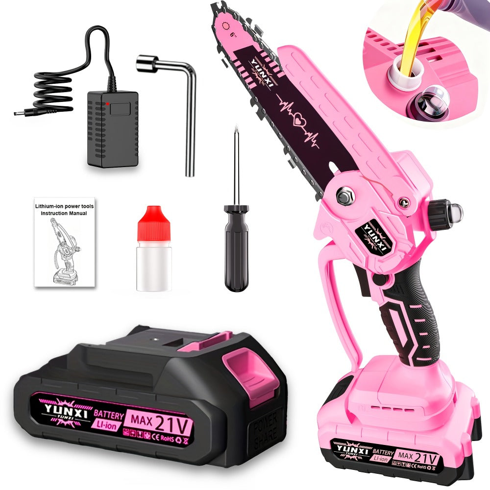 Mini Chainsaw 6 Inch 21V Cordless Battery Powered | Handheld Electric Chain Saw for Tree Branch Trimming Wood Cutting | Lightweight Portable Pruning Saw Pink