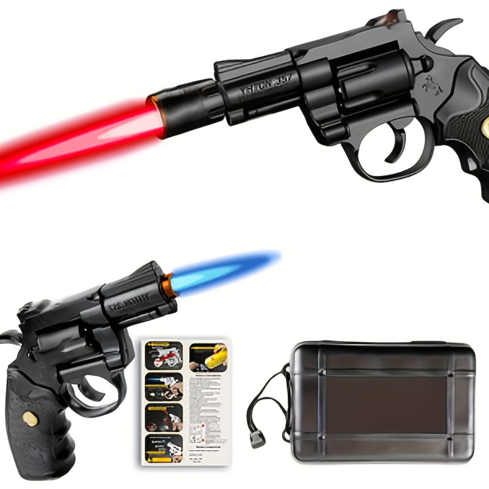 Windproof Butane Lighter with Adjustable Flame | Pistol Revolver & Wheel Design for Camping Outdoor Cooking Grilling BBQ Charcoal Lighting