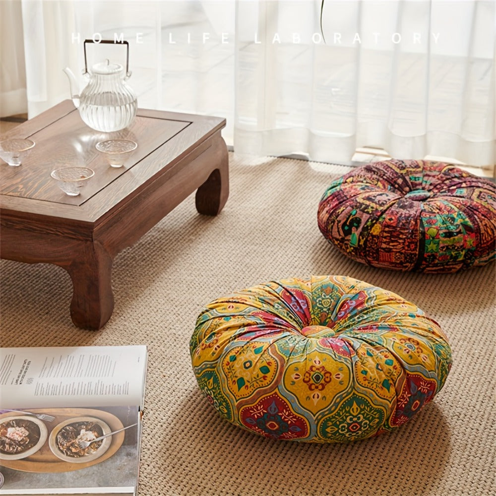 Floor Pillow Round Bohemian Thick Cushion Vintage Floral Pattern Boho Meditation Seat Pad Fade Resistant Cotton Filled Decorative Pouf for Living Room Bedroom All Seasons