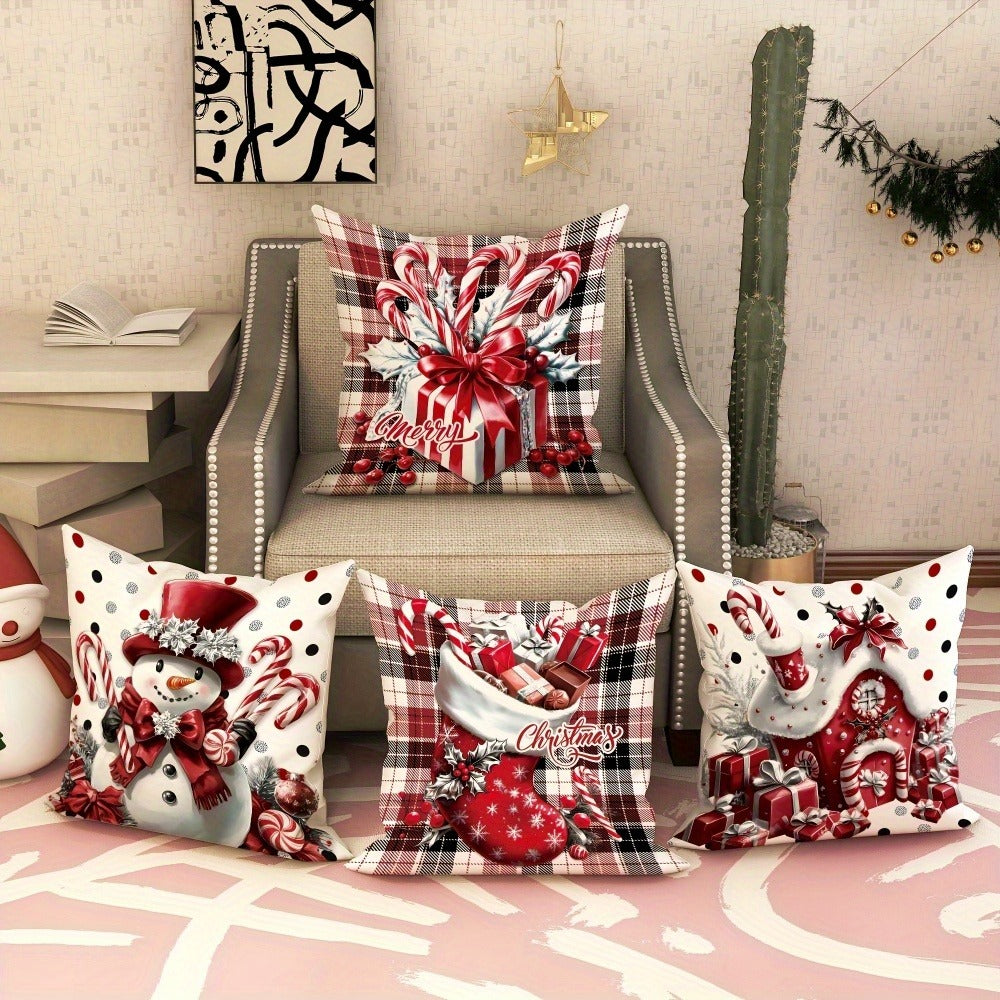 Christmas Throw Pillow Covers 4pcs Set - Snowman Candy Cane Buffalo Plaid Polyester 18x18in Decorative Cushion Covers with Zipper for Holiday Winter Living Room Bedroom Sofa Bed Decor