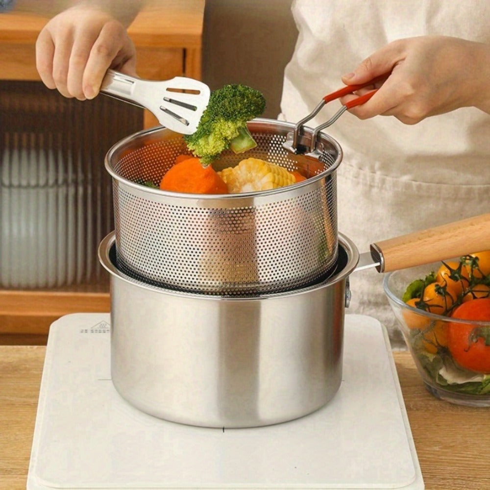 Stainless Steel Deep Fryer Pot Set with Frying Basket & Glass Lid, Non-Stick Multi-Function Cookware for Deep Frying, Noodles, Steaming & Ricotta, Induction & Gas Compatible