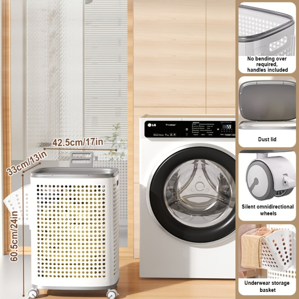 Rolling Laundry Basket with Lid and Wheels ¨C Large Foldable Ventilated Storage Bin with Lockable Casters, Removable Inner Basket for Underwear, Space-Saving Clothes Hamper for Bedroom & Bathroom