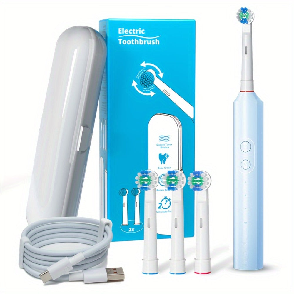 Electric Toothbrush Rechargeable 4 Brush Heads 3 Cleaning Modes Smart Timer IPX7 Waterproof USB Quick Charge 600mAh Round Head Adult Electric Toothbrush Blue