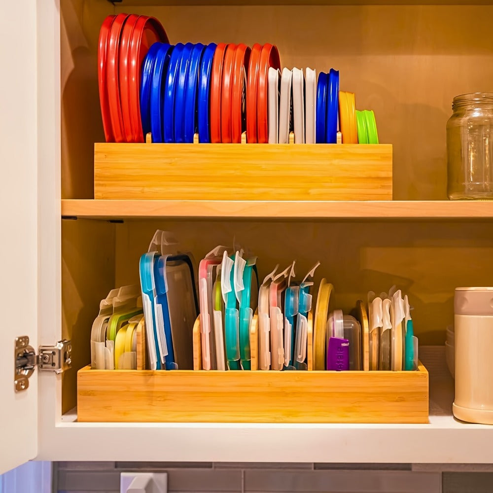 Bamboo Lid Organizer for Kitchen Cabinet with 5 Adjustable Dividers - Tupperware Lid Holder for Food Container Lids, Pot Lids Storage Rack with Writable Labels, 13¡± Wide