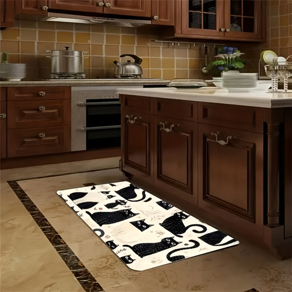 Cat Pattern Non-Slip Flannel Floor Mat Washable Soft Rug with Anti-Slip Backing - Black White Playful Cat Design for Kitchen Entryway Dining Room Bedroom Bathroom, Hand Washable Home Decor Floor Mat