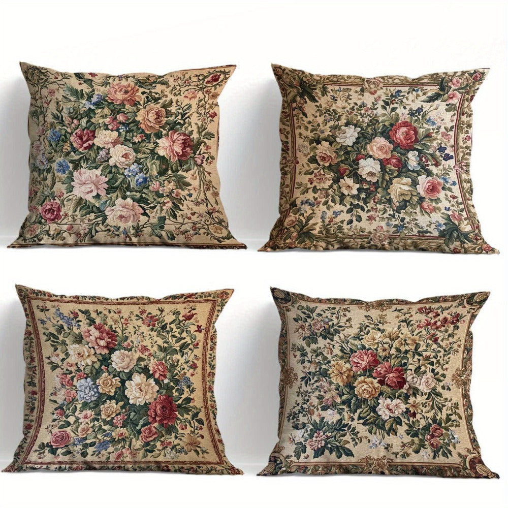 Vintage Floral Pillow Covers Set of 4 Soft Cozy Cushion Cases with Zipper 18x18in Single-Sided Print for Living Room Bedroom Porch Patio Car Office Home Decor Gift