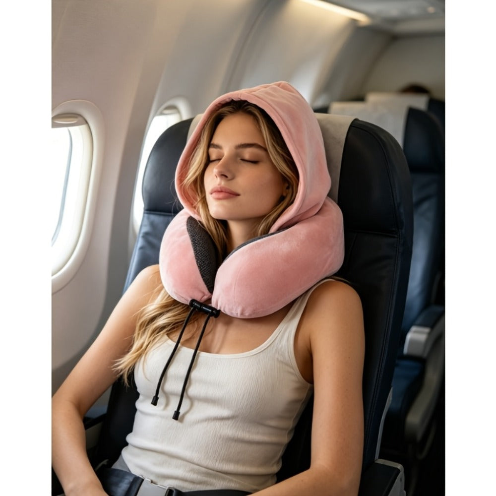 Travel Neck Pillow U-Shaped with Eye Mask Adjustable Portable Ergonomic Neck Support Soft Washable Cover for Airplane Car Home Office Napping Pink Blue Black Grey