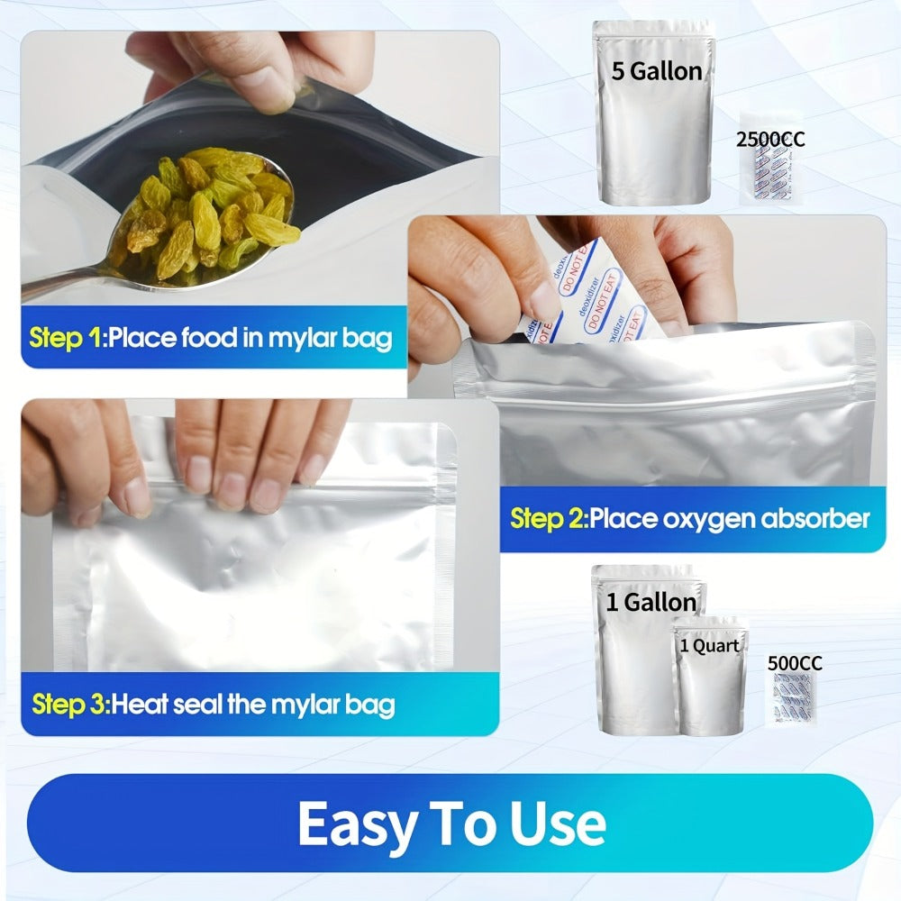 Mylar Bags for Food Storage 100 Pack Resealable 3 Sizes 1 Gallon 10 Mil 1 Quart 8 Mil Half Pint 6 Mil Stand Up Airtight Bags for Long Term Food Preservation Prepping Camping