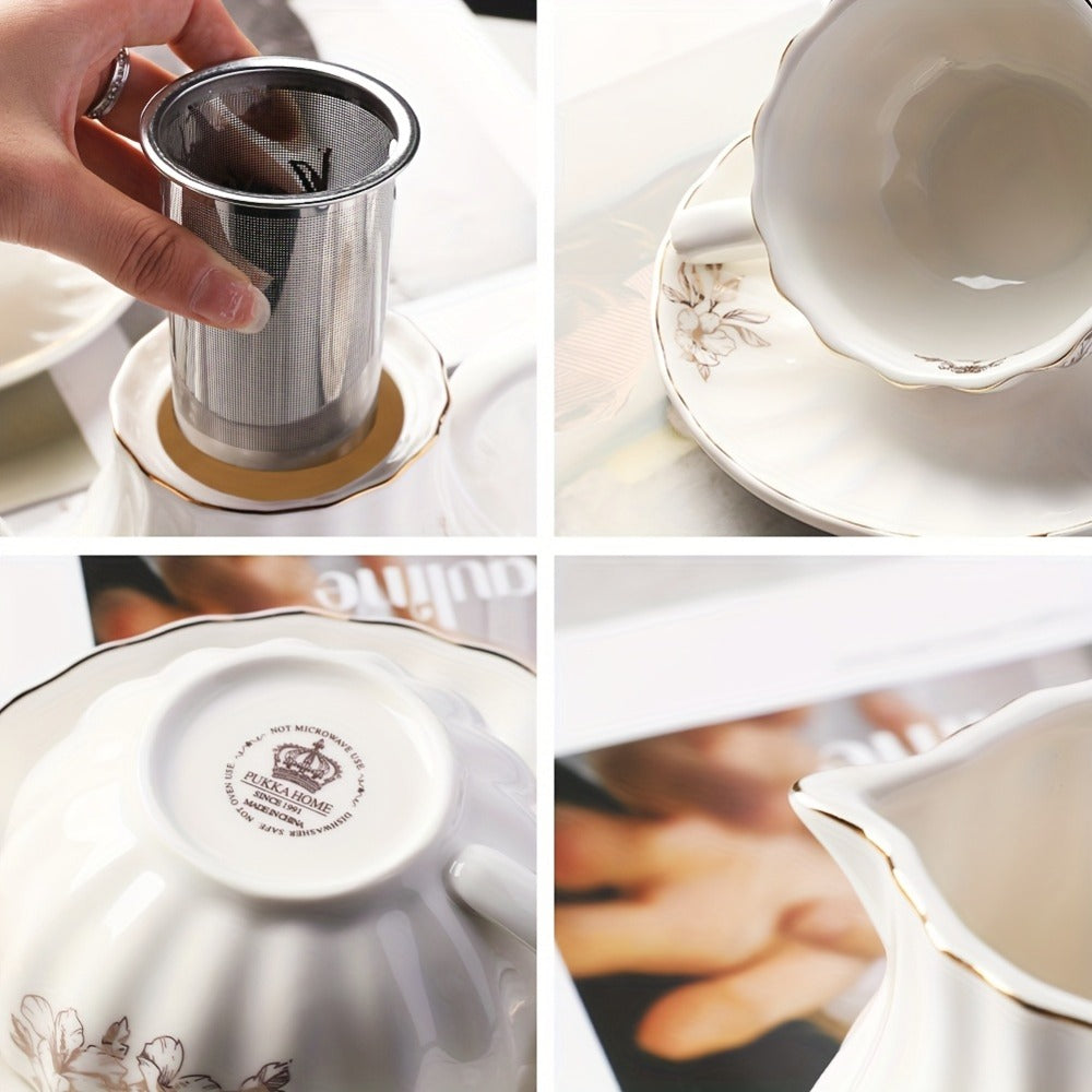 Porcelain Tea Set Service for 6 British Royal Floral Design with Teapot Sugar Bowl Cream Pitcher Teaspoons Tea Strainer 8oz Cups Saucers for High Tea Wedding Party Gift
