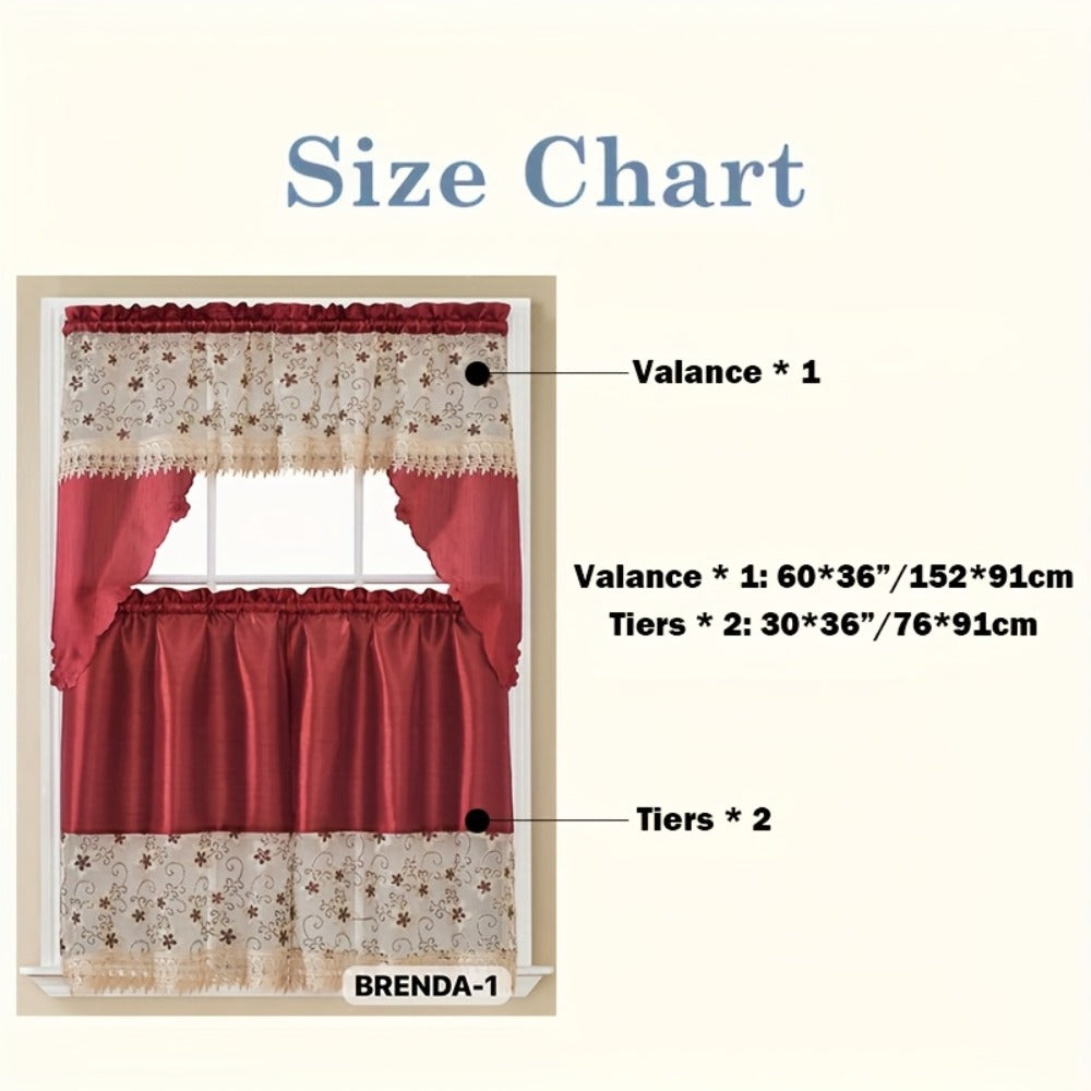Kitchen Curtains 3 Piece Set Embroidered Satin Valance and Tiers - Rod Pocket Light Filtering Machine Washable 46 Colors Available All Season Home Decor