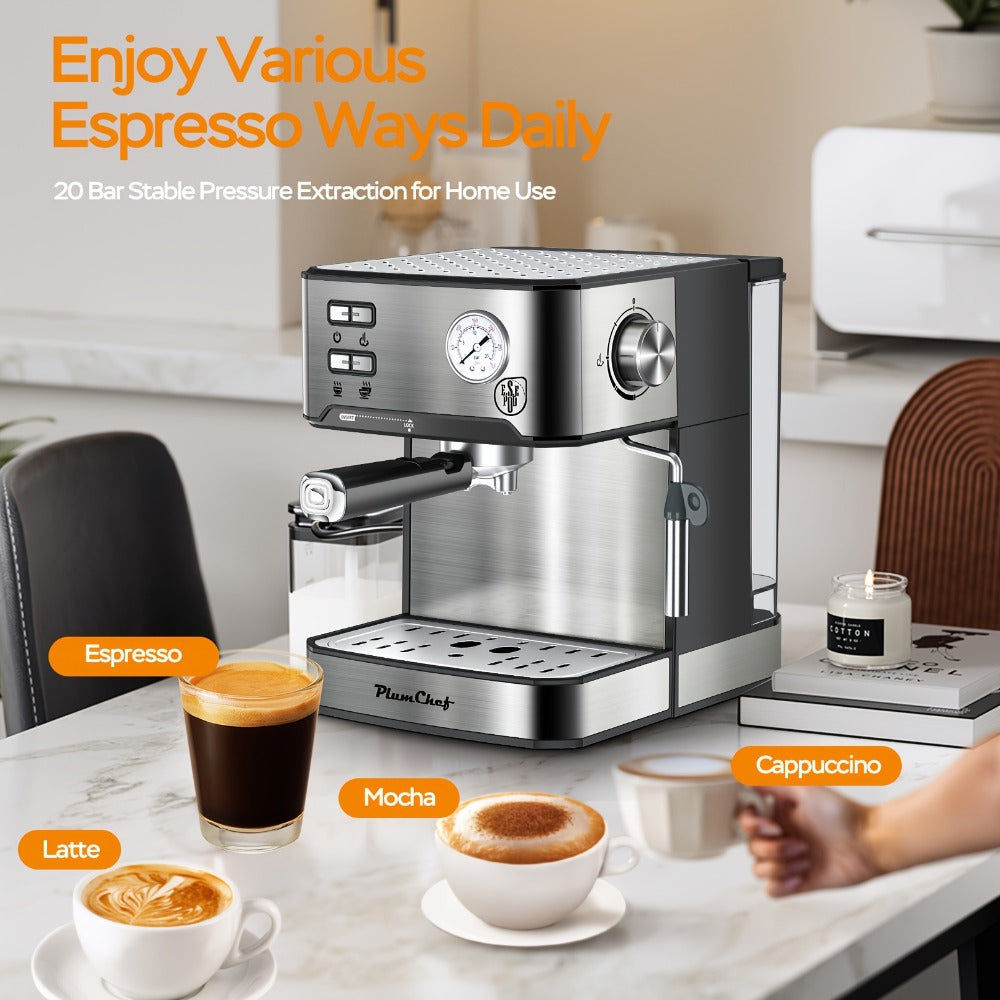 20 Bar Espresso Machine 950W ¨C Stainless Steel Espresso & Cappuccino Latte Maker with Steam Wand Milk Frother, 49.03oz Water Tank, ESE Pod Filter, Home Barista Coffee Machine ¨C Black, Pressure Gauge