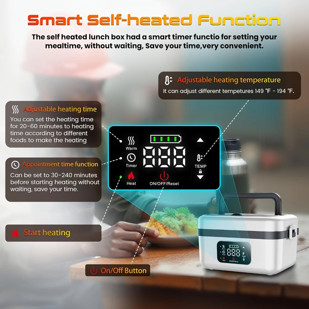Wireless Heated Lunch Box 8000mAh Battery Powered - 60W Electric Food Warmer 1L Stainless Steel with Smart Timer 8 Settings and Power Bank Function, Portable Lunch Heater for Office Car Truck and Travel, BPA-Free with Fork Spoon and Insulated Bag