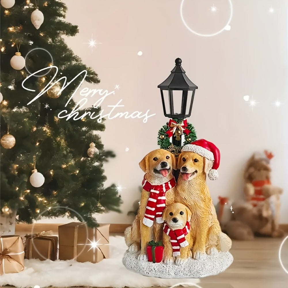 Golden Retriever Family LED Christmas Figurines - Realistic Resin Dog Statues with Santa Hats, Battery-Powered Warm Glow Holiday Decor for Mantel & Tabletop, Gift for Dog Lovers