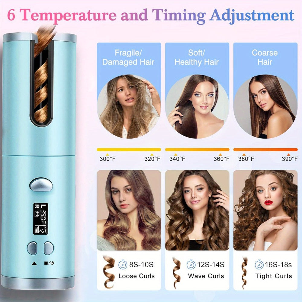 Cordless Curling Iron 1 Inch USB Rechargeable, Automatic Rotating Ceramic Curling Wand with 6 Heat Settings LCD Display, Scald-Free Detangle Hair Curler for All Hair Types Wet Dry Styling