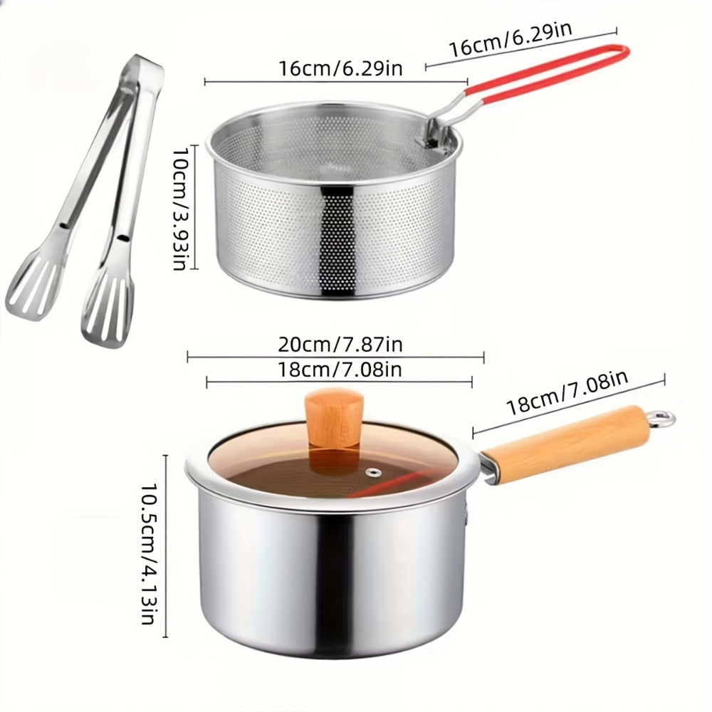 Deep Fryer Set 4 Piece Stainless Steel Multi-Purpose Cookware with Non-Stick Pot, Frying Rack, Glass Lid & Tongs - Stovetop Deep Fryer for Noodles, Frying & Boiling, Kitchen Essential Cooking Set