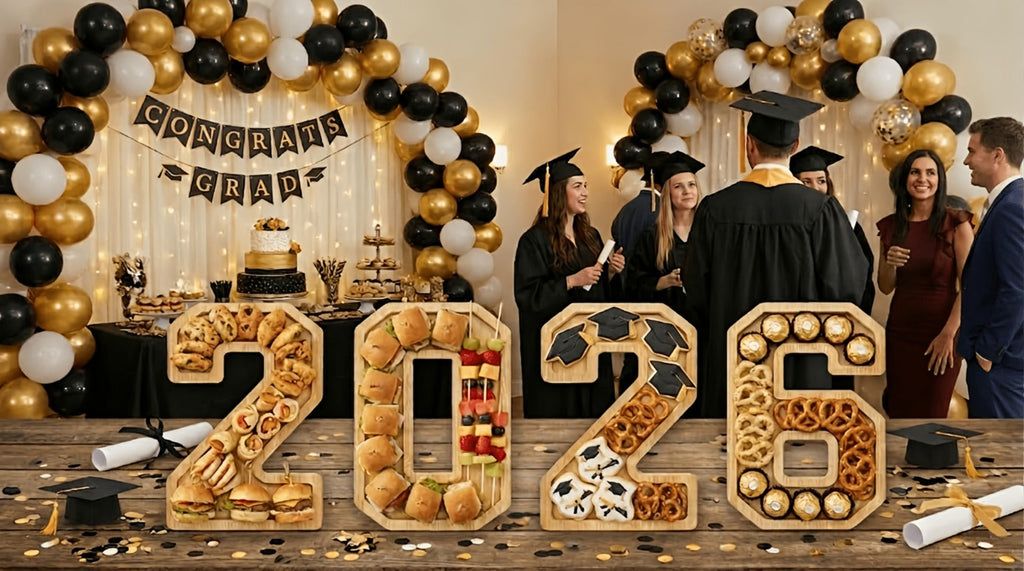 Graduation Charcuterie Board Decorations 4pcs Wooden Number Box with 14 Balloons ¨C 2026 GRAD Fillable Party Supplies