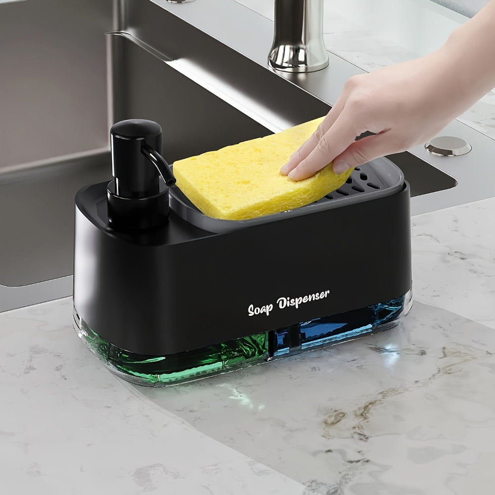 Soap Dispenser with Sponge Holder 2-in-1 - Countertop Dish Soap Pump Dispenser and Sponge Caddy for Kitchen Sink, Multi-Functional Detergent Dispenser with Built-In Sponge Holder, Available in White and Black Upgraded Version