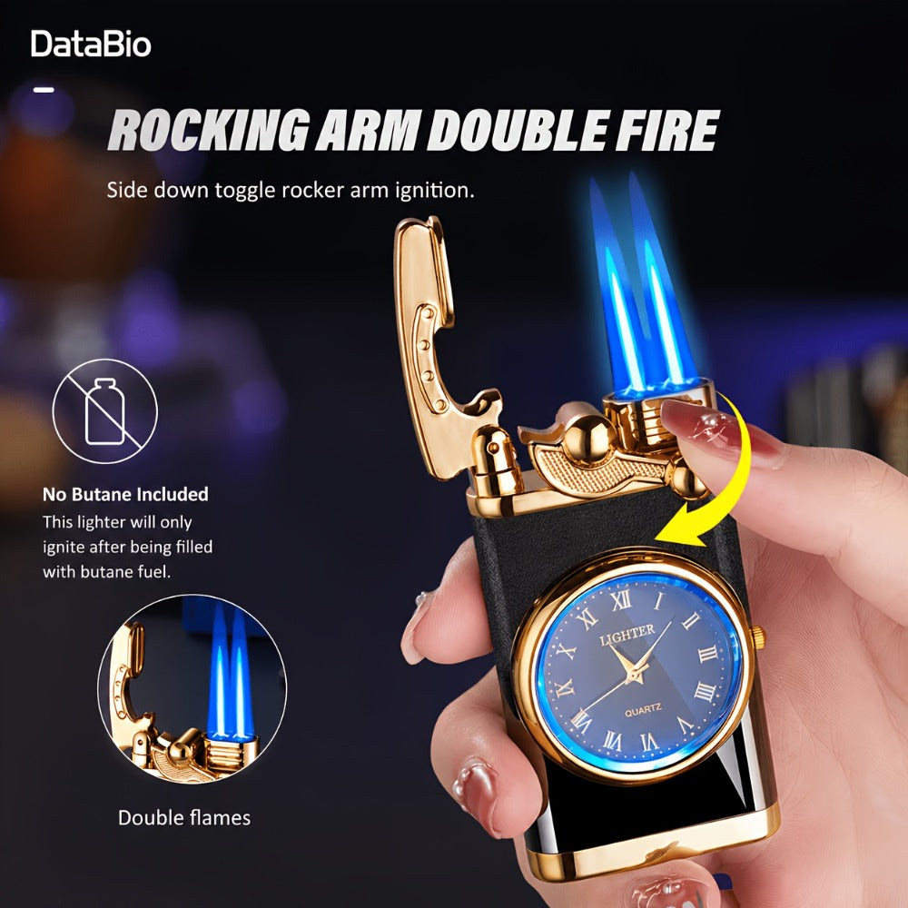 Vintage Rocker Butane Lighter Blue Double Flame Windproof - Multi-Function Dial, Adjustable Flame, Indoor & Outdoor | Gift for Dad & Boyfriend | Butane Not Included
