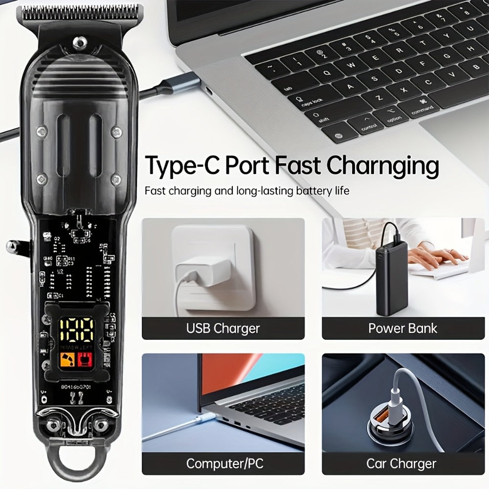 Professional Hair Cutting Kit for Men - Transparent USB Rechargeable Hair Clipper with LCD Display, T-Blade Trimmer, Electric Shaver, 4 Guide Combs & Cleaning Brush - Home Barber Grooming Gift Set