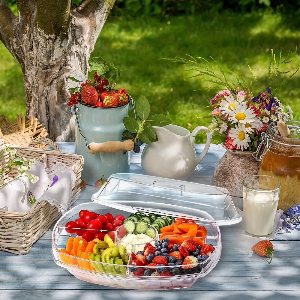 Appetizer Serving Tray with Ice Tray & Flip Lid ¨C 15 Inch Round Chilled Condiment Serving Platter, BPA-Free Plastic Veggie Dip Bowl, Dishwasher & Freezer Safe Party Snack Tray