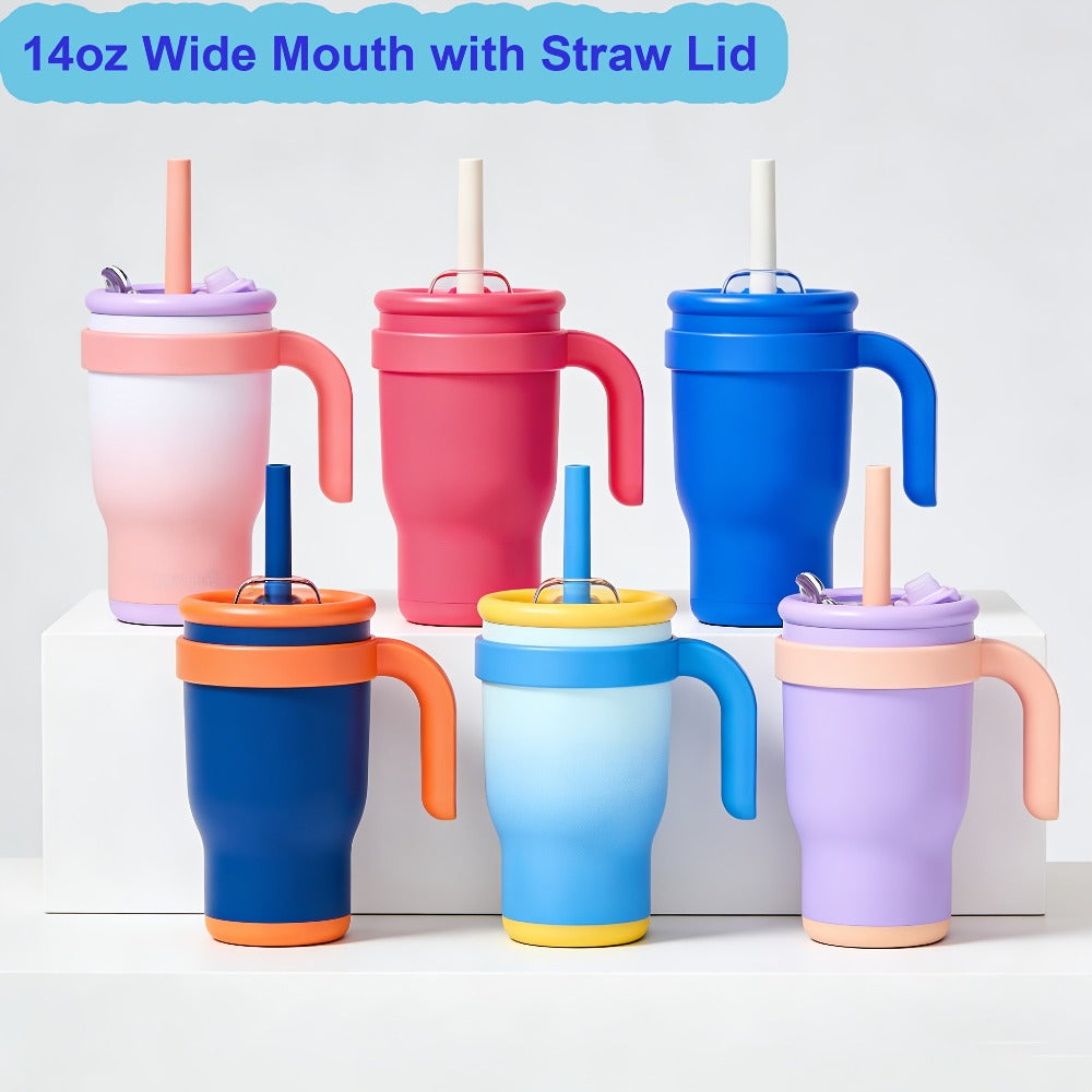 14oz Insulated Tumbler with Handle & Straw - Stainless Steel Travel Coffee Mug with Stickers, Multiple Colors