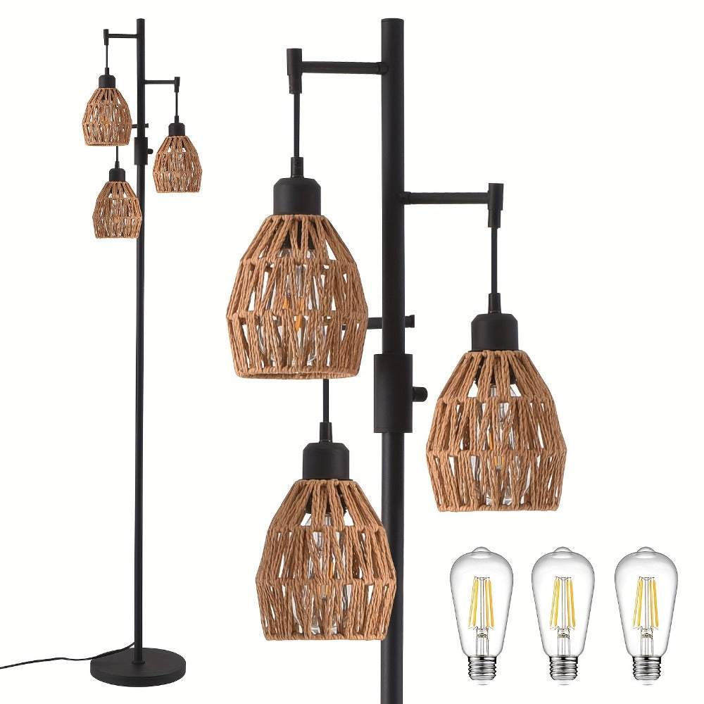Boho Rattan Floor Lamp Dimmable ¨C 3-Light Stepless Dimming Standing Lamp with Natural Rattan Shade & Metal Base for Living Room, Bedroom, Dining Room ¨C Warm Bohemian Home Lighting
