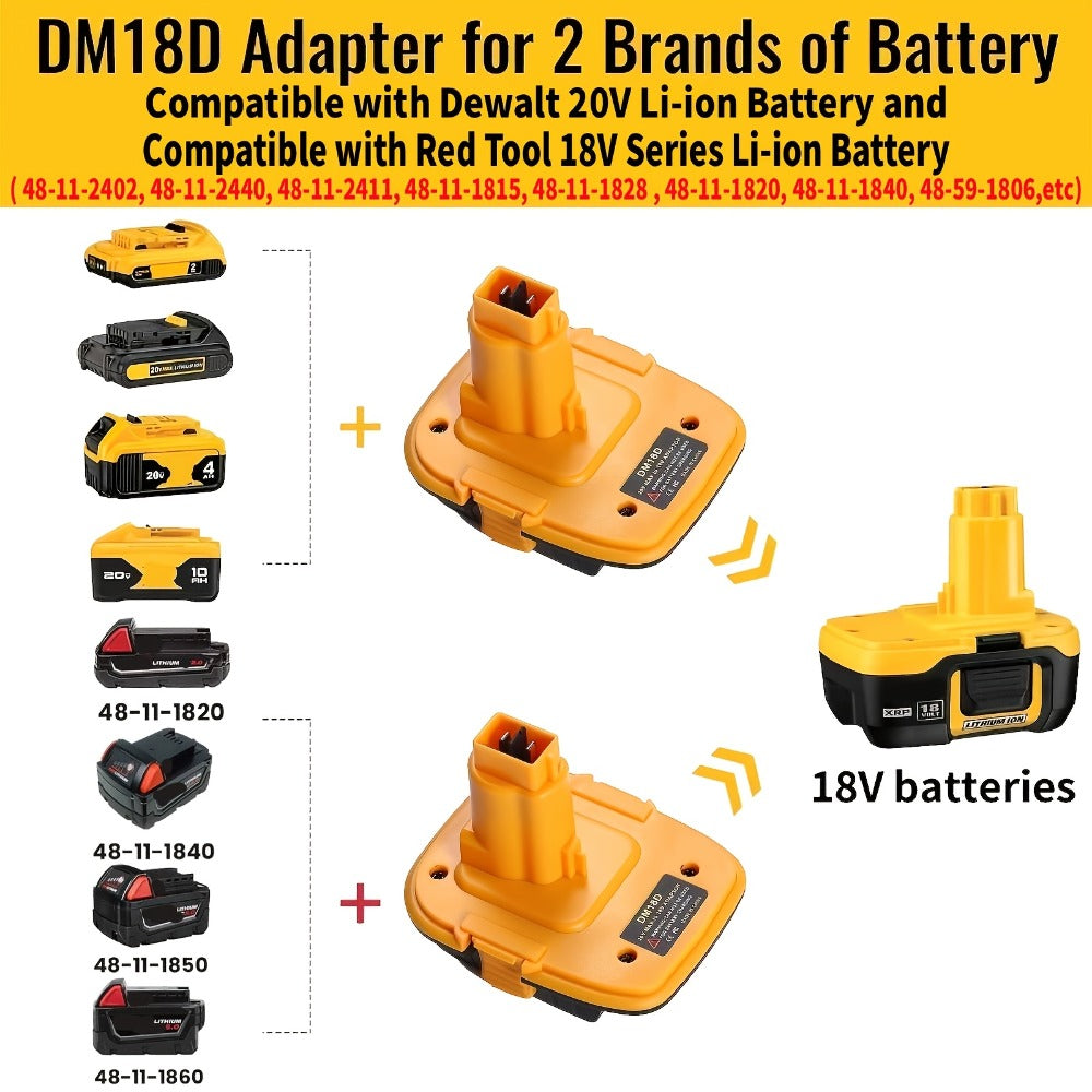 DM18D Battery Adapter for DeWalt 18V XRP NiCad NiMh Cordless Tools Compatible with DeWalt 20V Li-ion or MK 18V Red Tools Li-ion Replaces DeWalt 18V Battery 2 Pack or 4 Pack Adapter Only