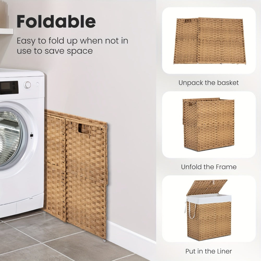 Laundry Basket with Lid - Large Foldable Rattan Hamper with Removable Washable Liner, Sturdy Steel Frame, for Bathroom Bedroom, Goose Yellow or Dove Gray
